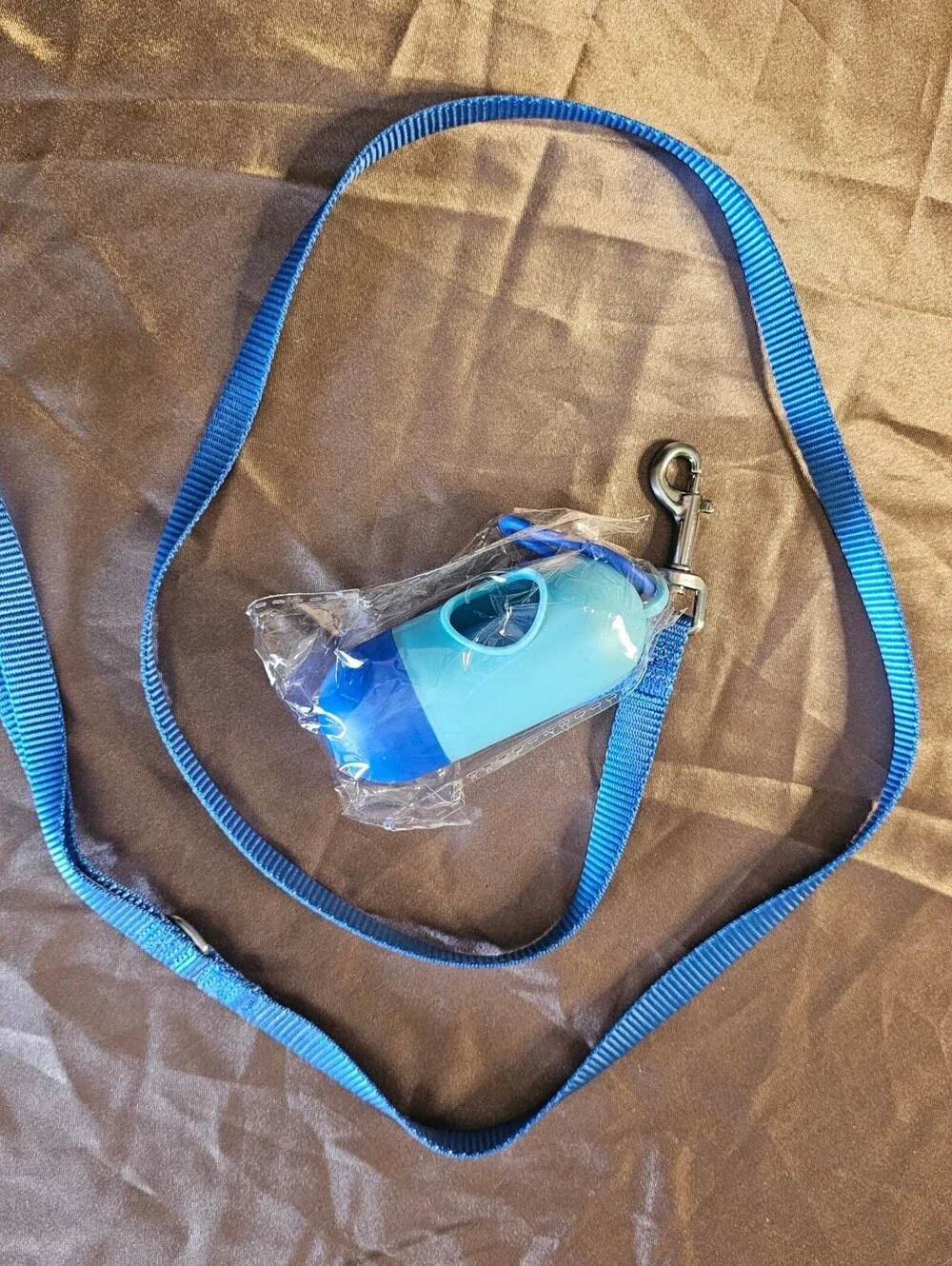 Blue Dog Leash with Attached Waste Bag Dispenser